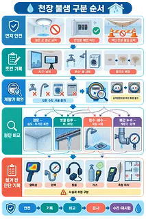 천장 물샘 원인을 결로·빗물 침투·방수 배수·배관 누수로 구분하는 단계별 안내도
