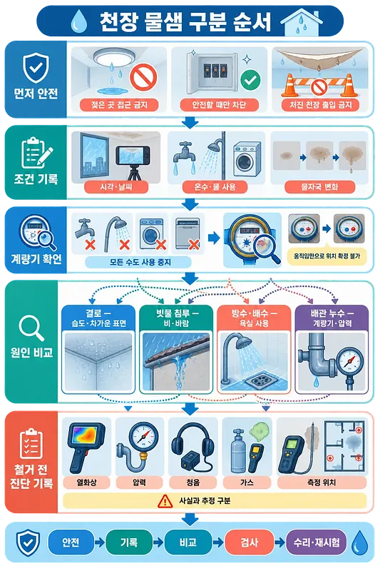 천장 물샘 원인을 결로·빗물 침투·방수 배수·배관 누수로 구분하는 단계별 안내도