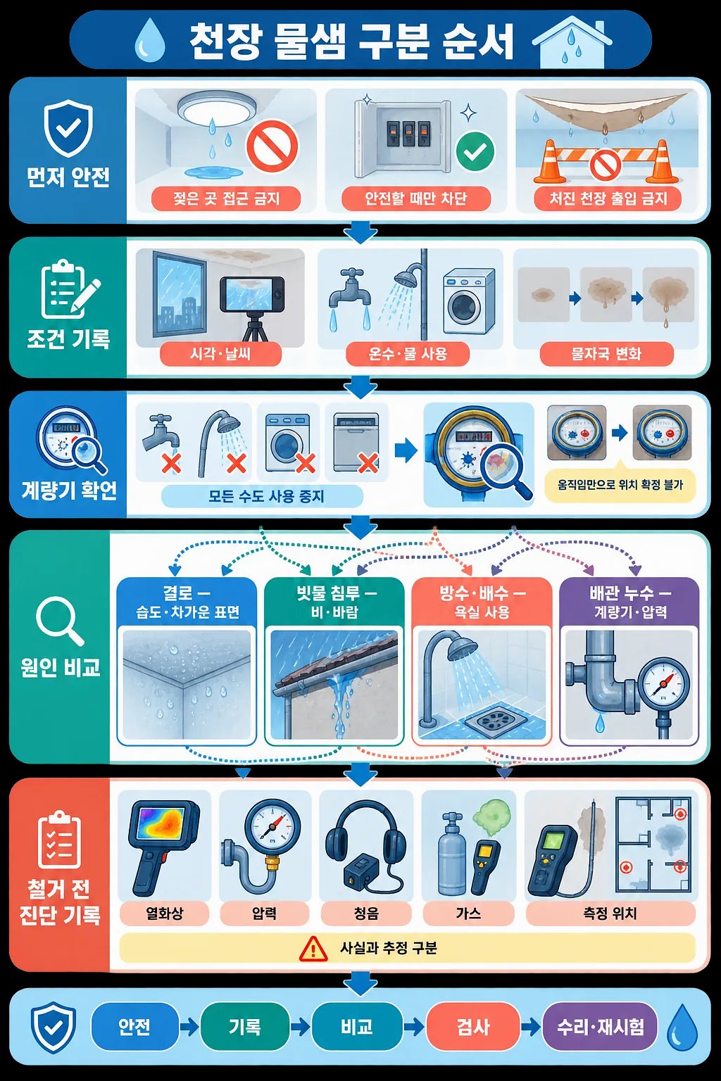천장 물샘 원인을 결로·빗물 침투·방수 배수·배관 누수로 구분하는 단계별 안내도