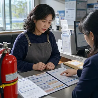 消火器が置かれた窓口で火災保険の申請書類を確認するエプロン姿の小規模事業者