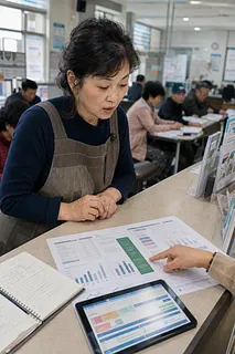 Woman reviewing documents and a tablet with staff at a public service counter