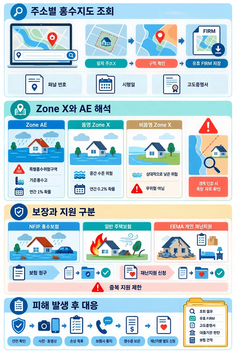 주소별 홍수지도 조회, Zone X·AE, 보험 보장과 피해 대응 절차를 안내하는 인포그래픽