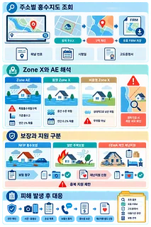 주소별 홍수지도 조회, Zone X·AE, 보험 보장과 피해 대응 절차를 안내하는 인포그래픽