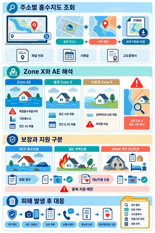 주소별 홍수지도 조회, Zone X·AE, 보험 보장과 피해 대응 절차를 안내하는 인포그래픽