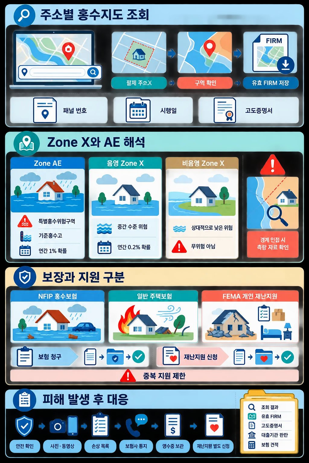 주소별 홍수지도 조회, Zone X·AE, 보험 보장과 피해 대응 절차를 안내하는 인포그래픽