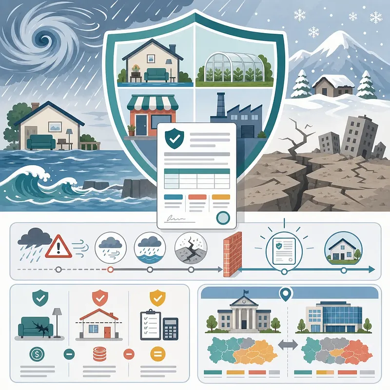 Disaster insurance shield protecting homes and businesses from storms, floods, snow, and earthquakes