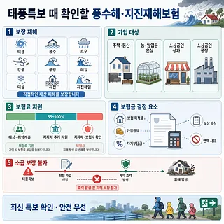 태풍특보 시 풍수해·지진재해보험의 보장 재해, 가입 대상, 보험료 지원과 보상 기준을 정리한 안내문