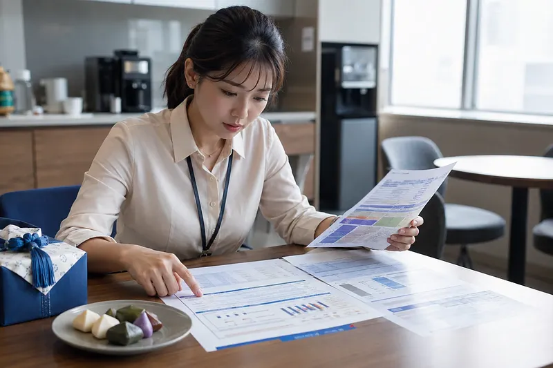 사무실 테이블에서 급여 명세와 계산 자료를 검토하는 여성 직장인, 옆에는 선물 상자와 송편이 놓여 있다