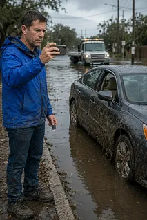 Man photographing a mud-covered car on a flooded street with a tow truck behind
