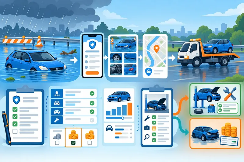 Infografía del reclamo por auto inundado, remolque, inspección, reparación o indemnización