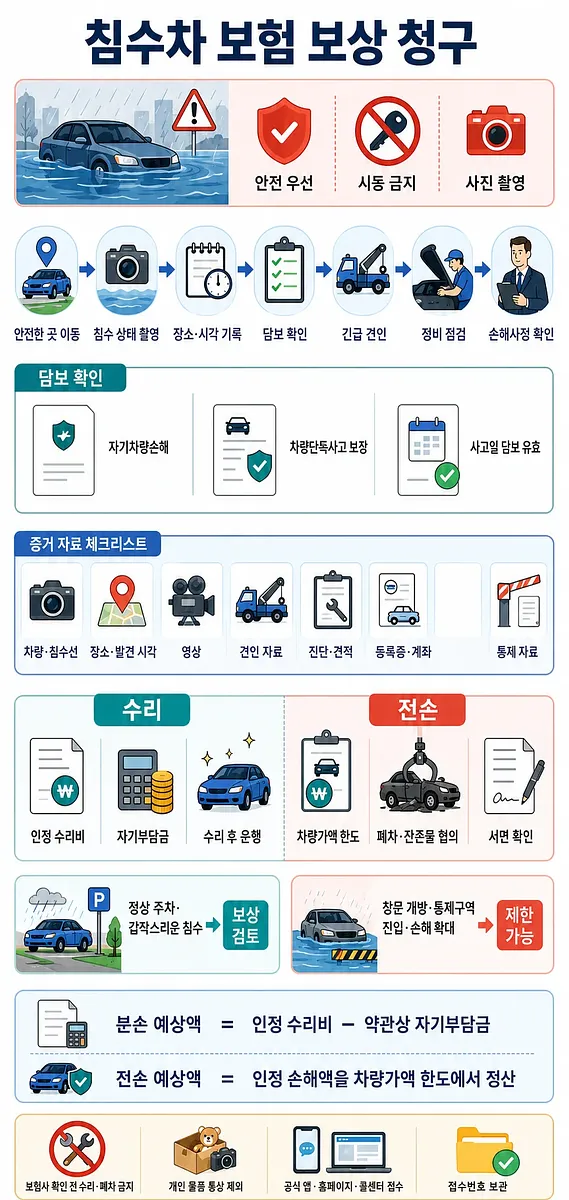 침수차 보험 보상 청구 절차와 담보, 증거 자료, 수리·전손 기준을 정리한 안내도