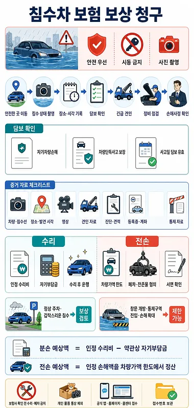침수차 보험 보상 청구 절차와 담보, 증거 자료, 수리·전손 기준을 정리한 안내도