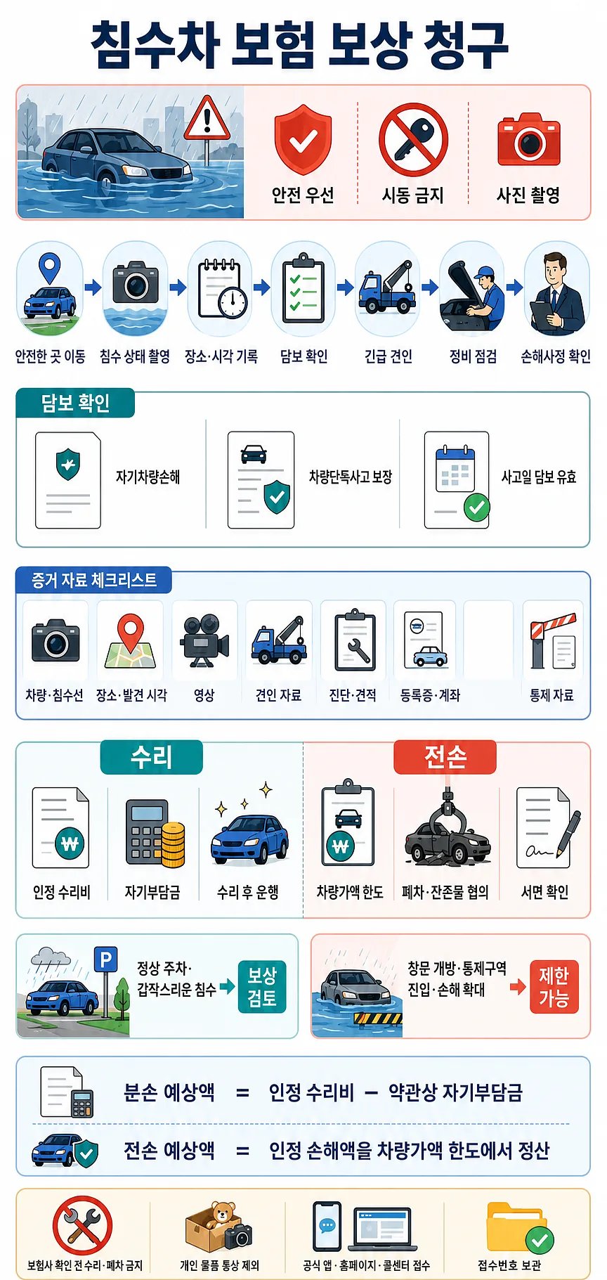 침수차 보험 보상 청구 절차와 담보, 증거 자료, 수리·전손 기준을 정리한 안내도
