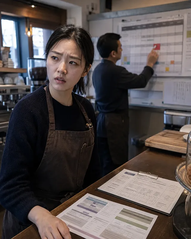 Empleada preocupada mientras un hombre ajusta el calendario de la cafetería