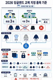 2026년 잉글랜드 교복 지정 품목 수와 합산 기준, 계산 예시 및 이의 제기 절차를 설명한 인포그래픽