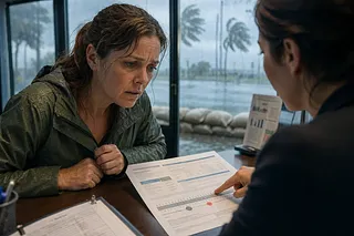Mujer con impermeable mojado revisa documentos con una asesora mientras afuera llueve y hay inundaciones