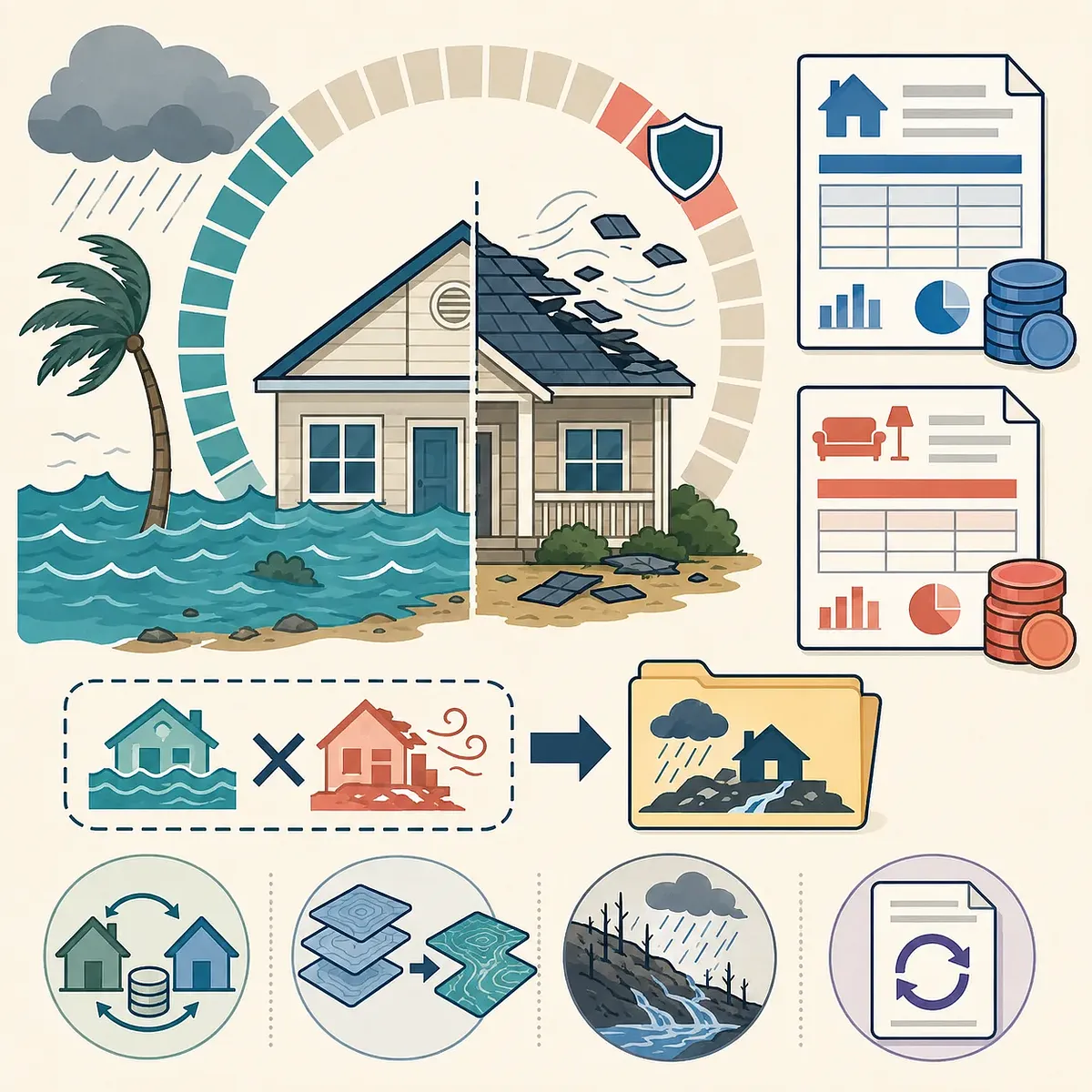 Casa dañada por inundación y viento con documentos de seguro e iconos de cobertura