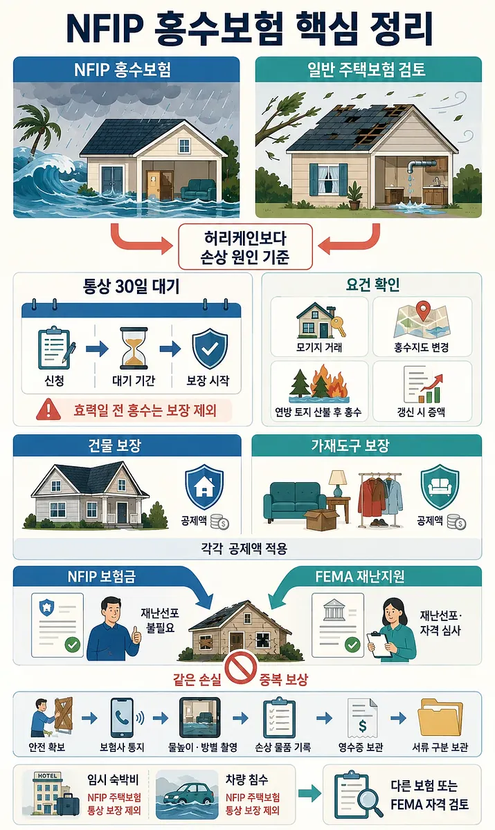 NFIP 홍수보험과 일반 주택보험, 30일 대기기간 및 보장 항목을 설명하는 인포그래픽