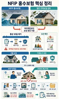 NFIP 홍수보험과 일반 주택보험, 30일 대기기간 및 보장 항목을 설명하는 인포그래픽