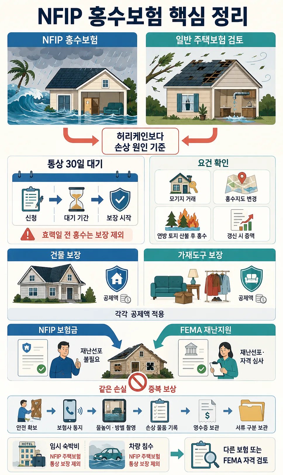 NFIP 홍수보험과 일반 주택보험, 30일 대기기간 및 보장 항목을 설명하는 인포그래픽
