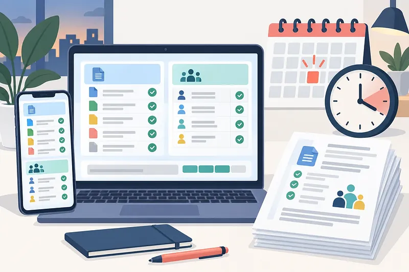 Laptop and phone showing document checklists beside verified papers, a calendar, and a clock
