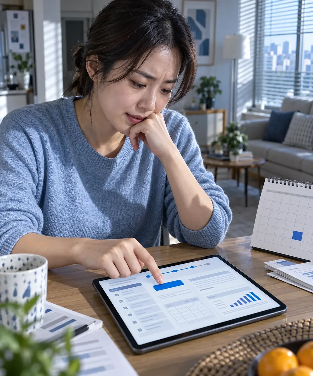 Mujer consultando una tableta junto a un calendario y documentos en casa