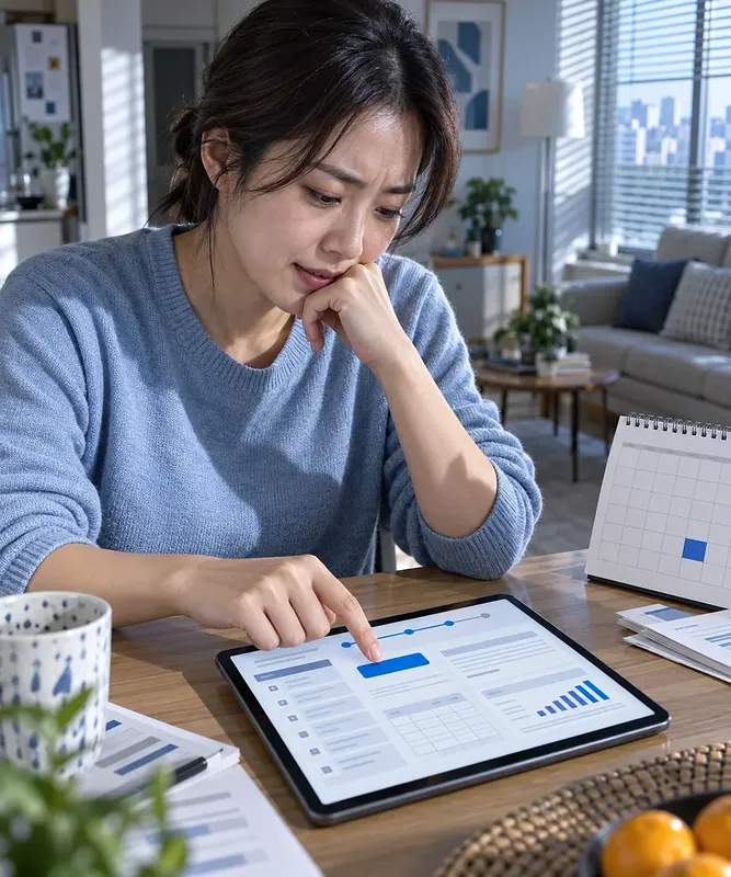Woman checking a tablet beside a desk calendar and documents at home