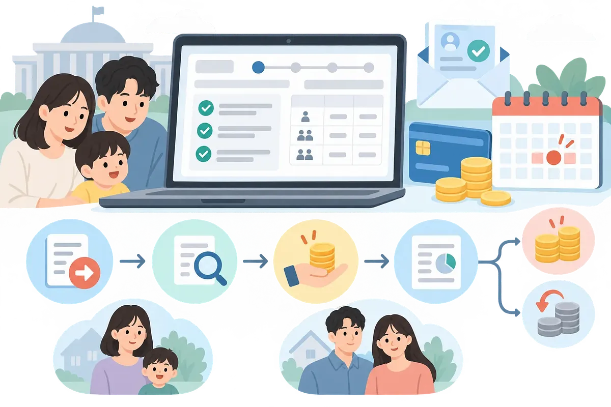 家族と申請フォームを映すノートパソコン、カレンダー、カード、硬貨、手続きアイコンのイラスト
