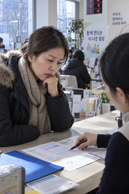 주민센터 창구에서 직원이 서류를 가리키며 상담하는 여성