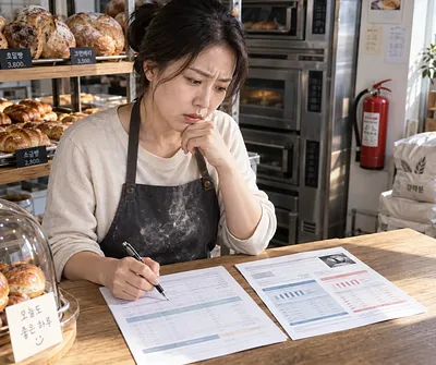 Worried bakery owner reviewing paperwork at the counter with a fire extinguisher behind her