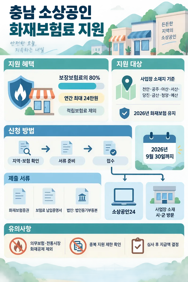 忠南の小規模事業者向け火災保険料80％、年最大24万ウォン支援の案内図