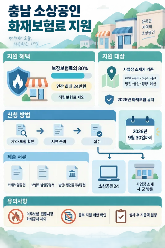 忠南の小規模事業者向け火災保険料80％、年最大24万ウォン支援の案内図