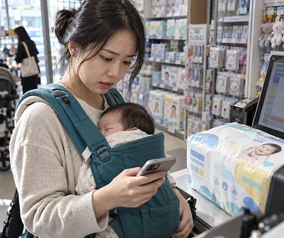 眠る赤ちゃんを抱っこひもで抱え、レジでスマートフォンを見る女性