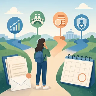 Estudiante ante caminos divididos con iconos de pago, documentos y calendario