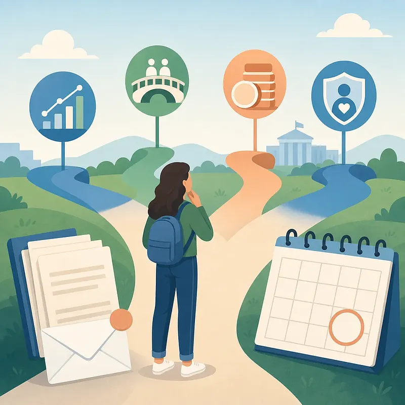 Student at a forked path with repayment option icons, documents, and a calendar