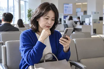 Mujer de mediana edad consulta su teléfono en una sala de espera pública