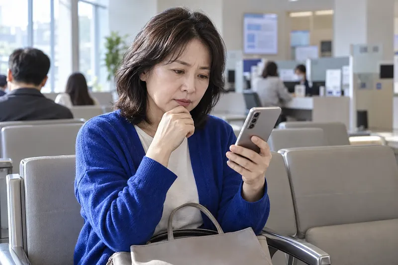 공공기관 대기실에서 스마트폰을 확인하는 중년 여성