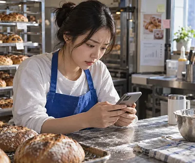 Baker in a blue apron checking her smartphone at a worktable covered with bread and flour