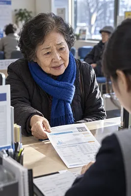 窓口で職員に書類を渡して相談する青いマフラーの高齢女性