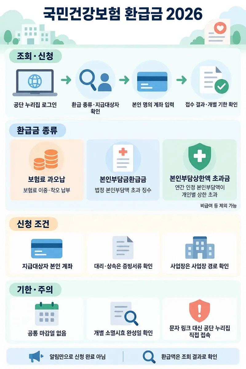 Infografía coreana sobre consulta y solicitud de reembolsos del seguro de salud, tipos, requisitos y avisos