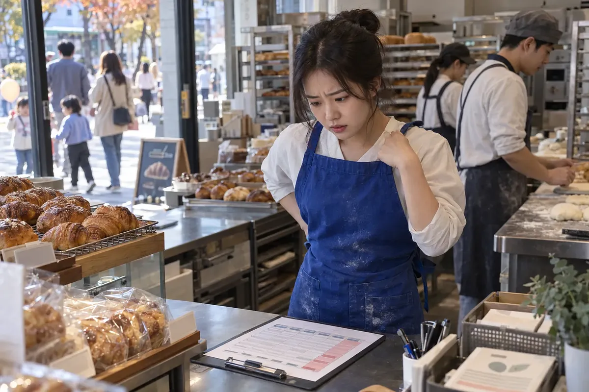 빵집에서 근심스러운 표정으로 근무표를 확인하는 파란 앞치마 차림의 직원