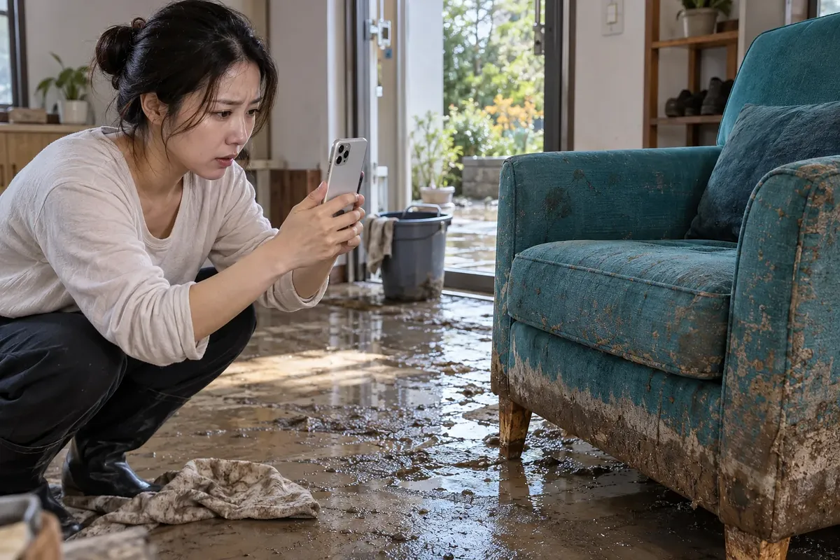 浸水した居間で泥の付いたソファをスマートフォンで撮影する女性