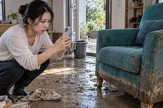 Woman photographing a mud-stained armchair in a flooded living room