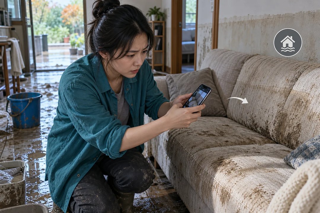 浸水した家で泥だらけのソファをスマートフォンで撮影する女性