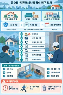 침수된 주택과 조사원, 보험 청구 단계 및 증거 자료 체크리스트를 담은 안내 인포그래픽