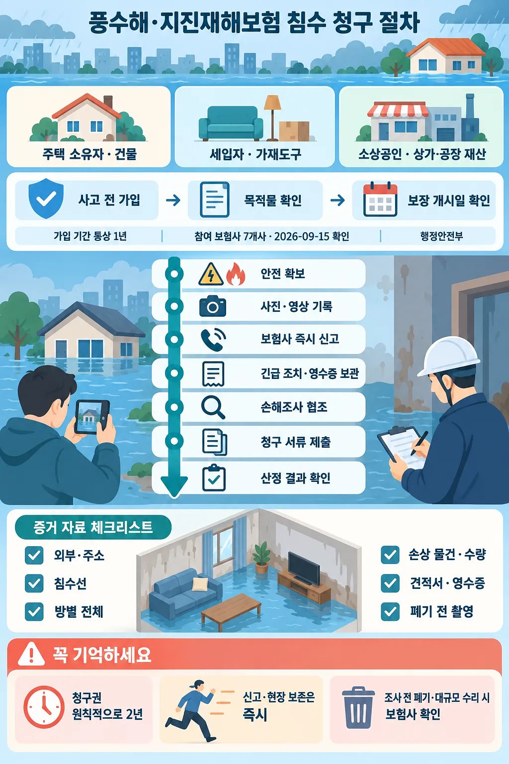 침수된 주택과 조사원, 보험 청구 단계 및 증거 자료 체크리스트를 담은 안내 인포그래픽