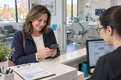 Mujer consultando su teléfono en la recepción de una clínica dental