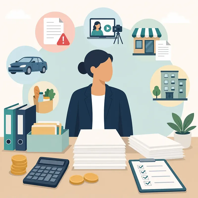 Business owner at a desk with documents, calculator, checklist, and tax-related icons