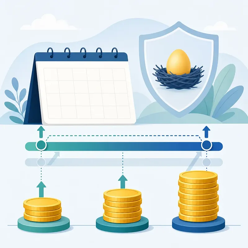 Calendario, escudo con huevo de ahorro y pilas de monedas en aumento