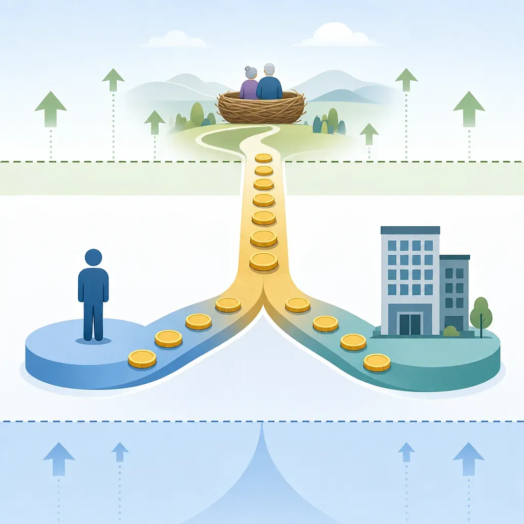 Coins form paths from a person and office building to an elderly couple in a nest, with upward arrows
